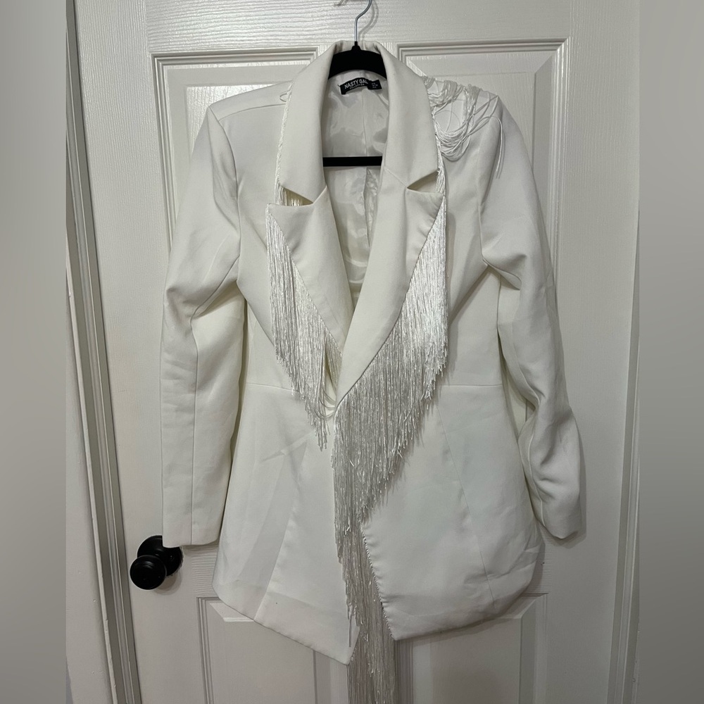 NASTY GAL White‎ Fringe oversized Blazer size 2 - Picture 3 of 11